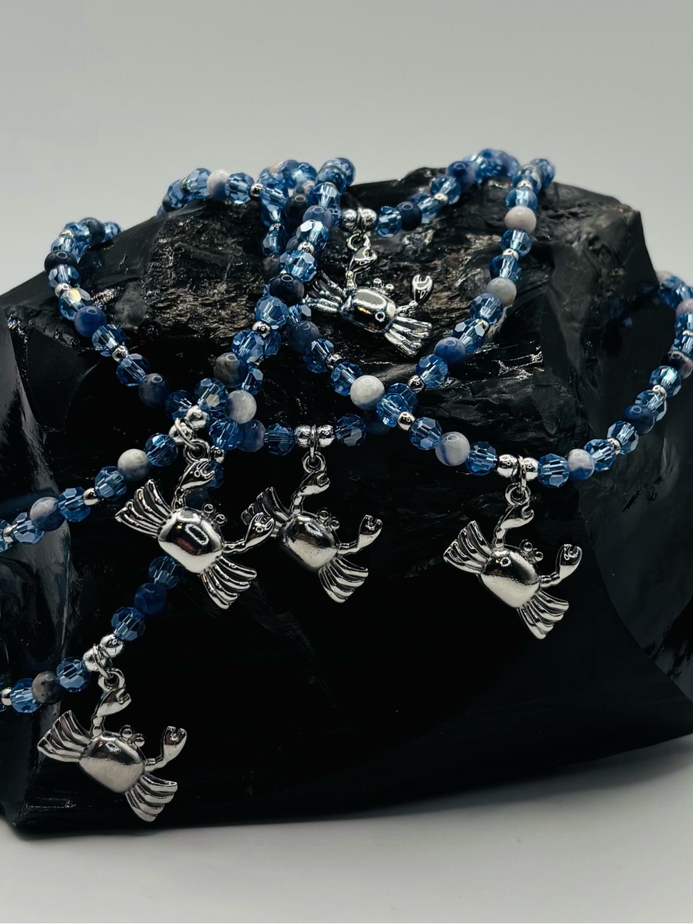 *ANKLET* S. Steel Silver Crab & Sodalite with Blue Crystal Stretchy Anklet